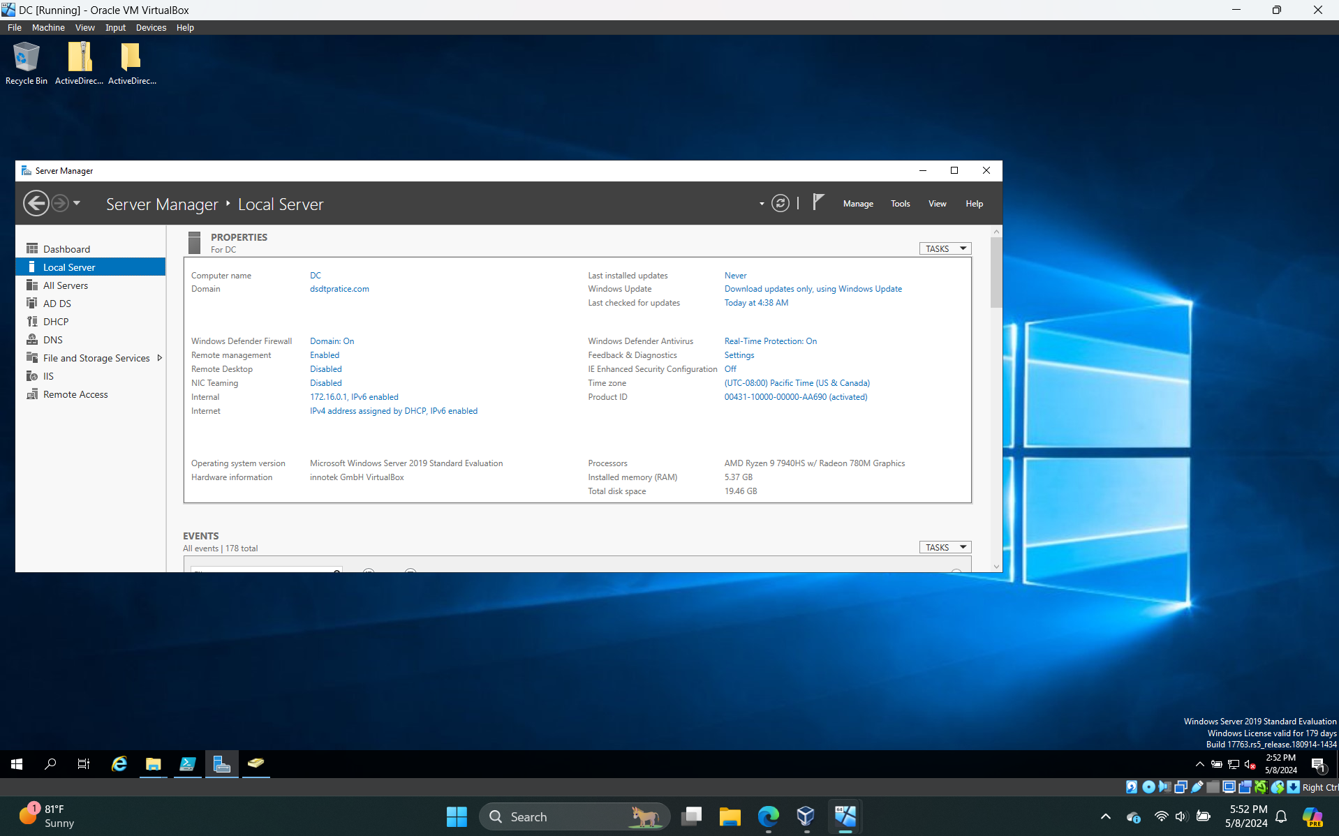 Domain Controller Local Server screen